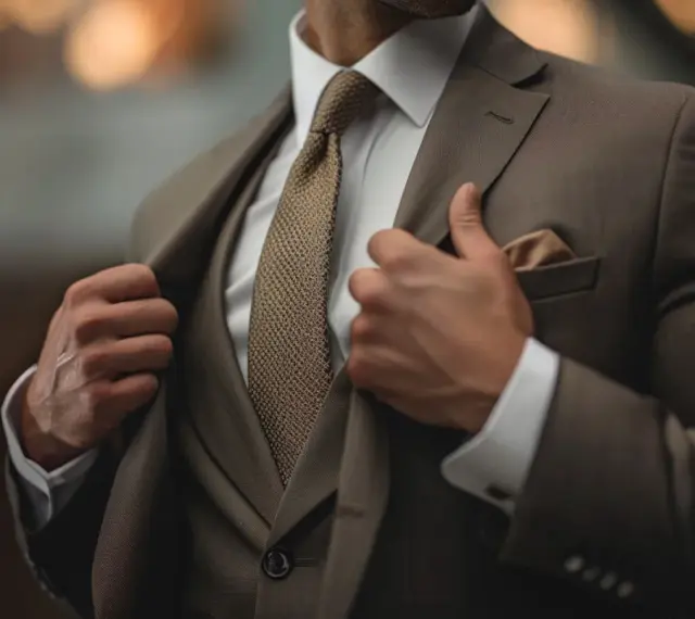 Uomo in abbigliamento business formal marrone, con camicia bianca e cravatta a trama.