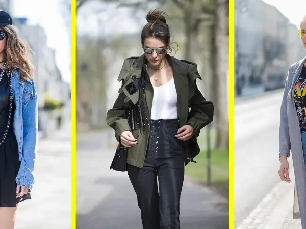 Tre donne sfoggiano un outfit casual: giacca di jeans, giacca verde militare e cappotto lungo grigio.