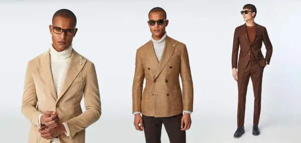 Uomini eleganti con giacche color terra e dolcevita, perfetti per idee outfit sera.
