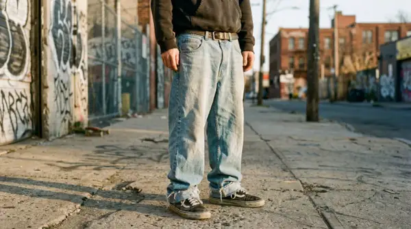 Ragazzo con baggy jeans uomo outfit, felpa scura e sneakers Vans, in un vicolo urbano con graffiti.