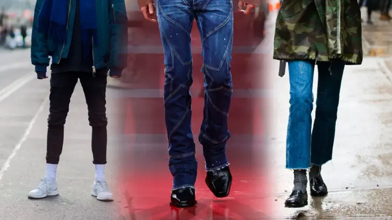 Tre persone mostrano diversi stili di pantaloni: skinny fit neri, jeans a sigaretta con cuciture a vista e jeans a zampa con orlo sfrangiato.